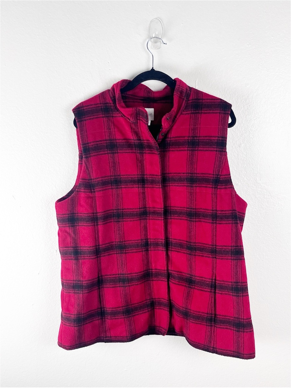J. JILL Black Red Plaid Checkered Wool Blend Zipper Vest Size XL Boho Outdoors